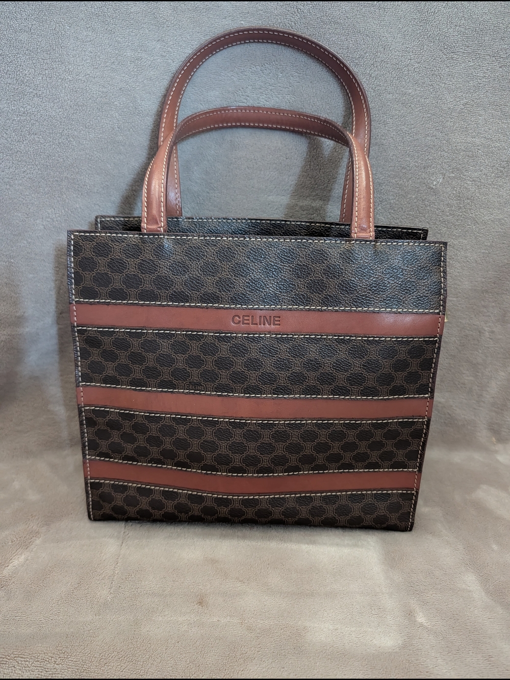 Celine Brown Monogram Stripe Tote with Tan Handles